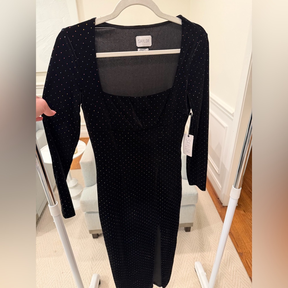 SAYLOR Black Long Sleeve Evening Dress with rainbow studs, NWT - Picture 2 of 7